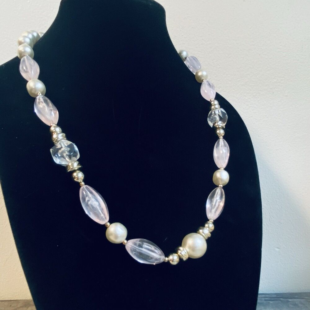 Vintage Faux Pearl and Faux Rose Quartz Acrylic Bead Necklace 24”